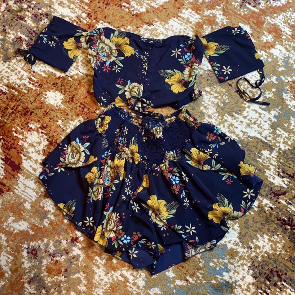 2 Piece Navy Blue Crop Top and Shorts Set